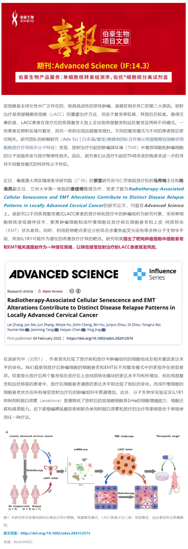客戶項目文章丨馬秀梅_陳海燕_景瑩_唐建明團隊合作揭示細胞衰老和 EMT 調節(jié)局部晚期宮頸癌不同的疾病復